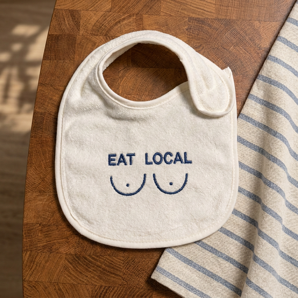 Esempio generato: bavaglino “EAT LOCAL” su un tavolo di legno