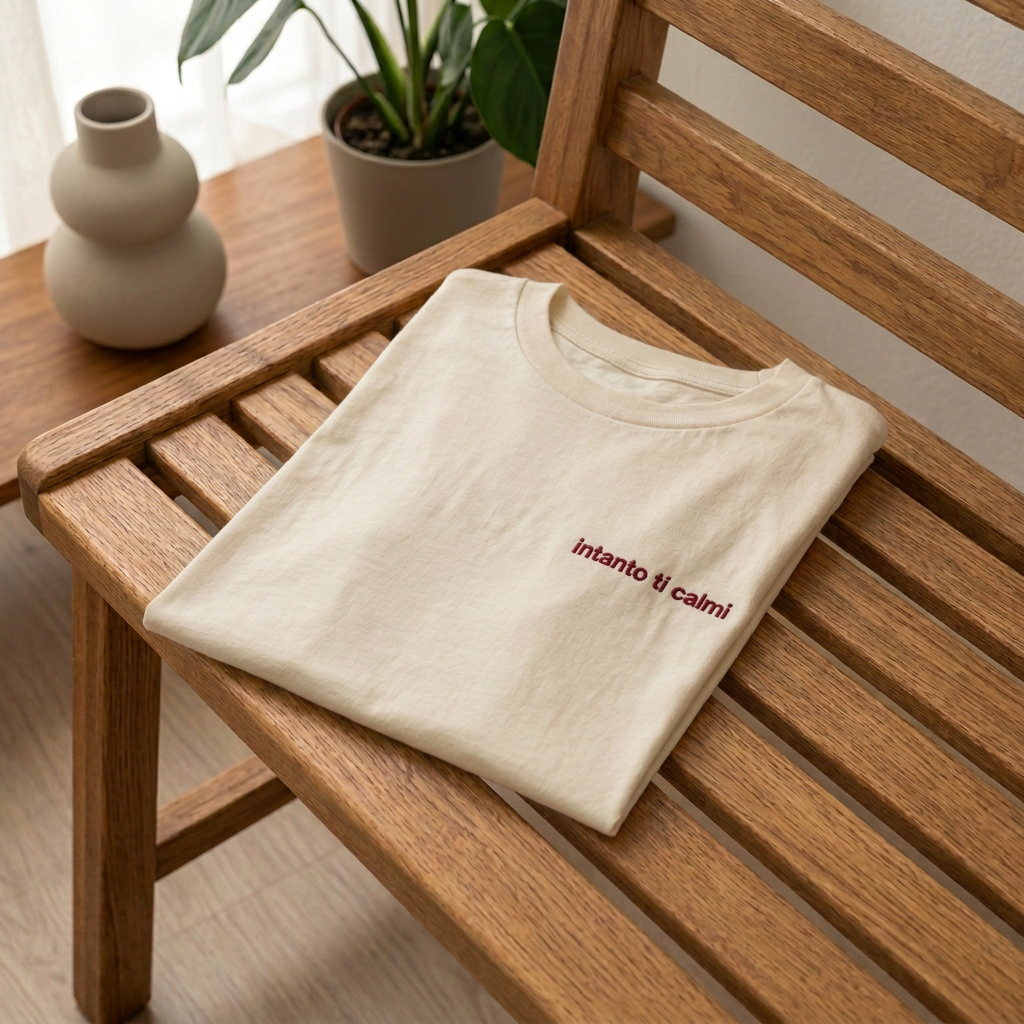 Esempio generato: T-shirt crema con ricamo “intanto ti calmi”